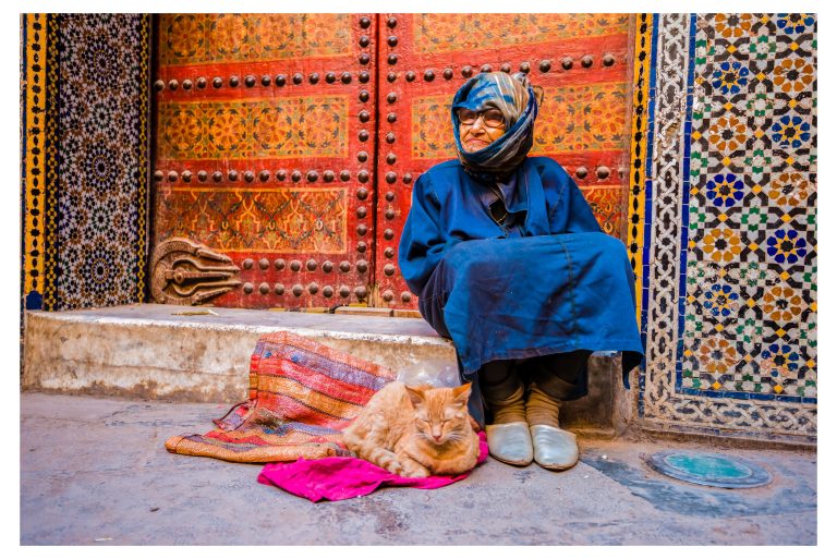 Persona sentada junto a un gato ante una puerta con zellige en la medina de Fez